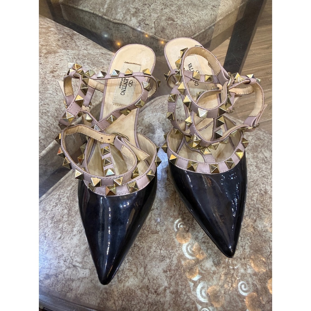 Valentino Garavani Rockstud Caged Pumps Black Patent Leather Rose 36 Heel